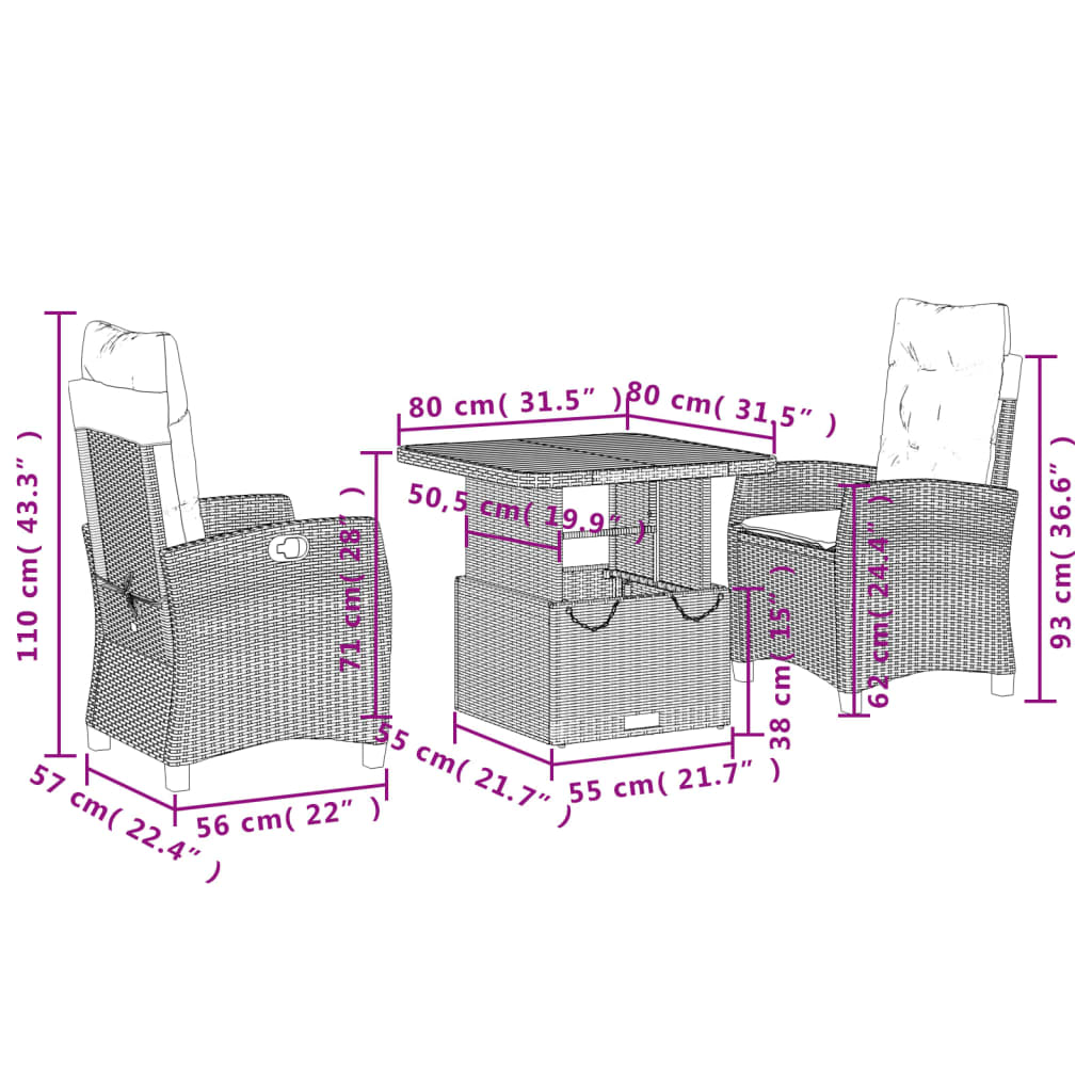 3-tlg. Garten-Essgruppe mit Kissen Beige Poly Rattan