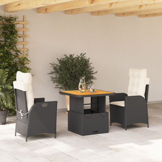 3-tlg. Garten-Essgruppe mit Kissen Schwarz Poly Rattan