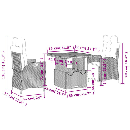 3-tlg. Garten-Essgruppe mit Kissen Schwarz Poly Rattan