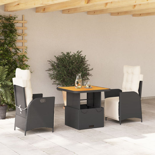 3-tlg. Garten-Essgruppe mit Kissen Schwarz Poly Rattan