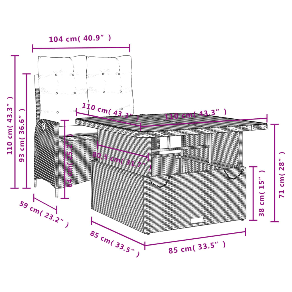 2-tlg. Garten-Essgruppe mit Kissen Schwarz Poly Rattan