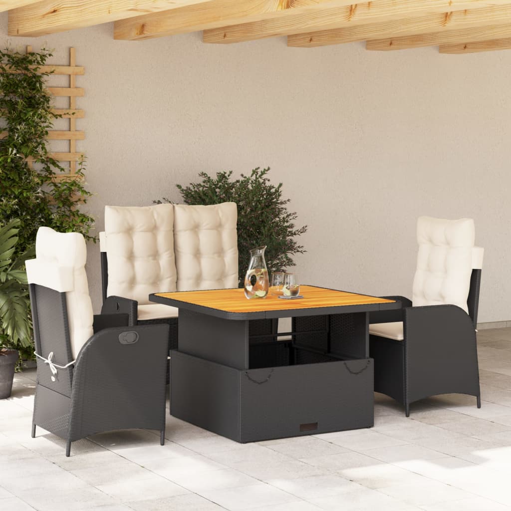 4-tlg. Garten-Essgruppe mit Kissen Schwarz Poly Rattan