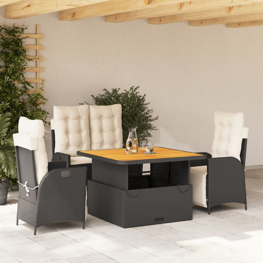 4-tlg. Garten-Essgruppe mit Kissen Schwarz Poly Rattan