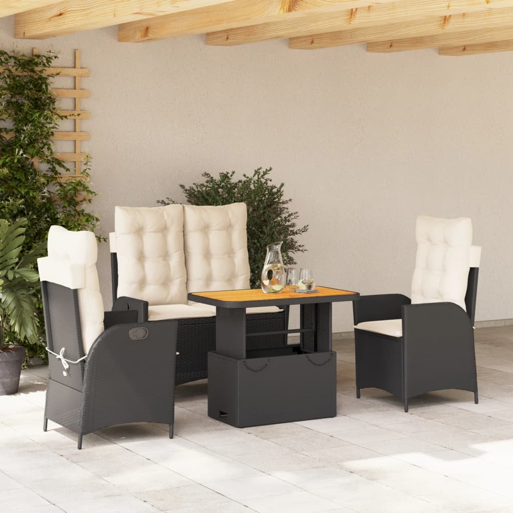 4-tlg. Garten-Essgruppe mit Kissen Schwarz Poly Rattan