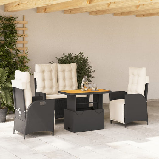 4-tlg. Garten-Essgruppe mit Kissen Schwarz Poly Rattan