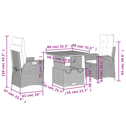 3-tlg. Garten-Essgruppe mit Kissen Schwarz Poly Rattan