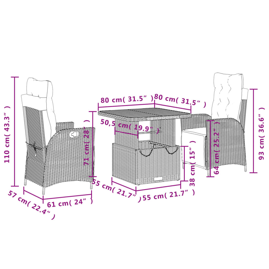 3-tlg. Garten-Essgruppe mit Kissen Schwarz Poly Rattan