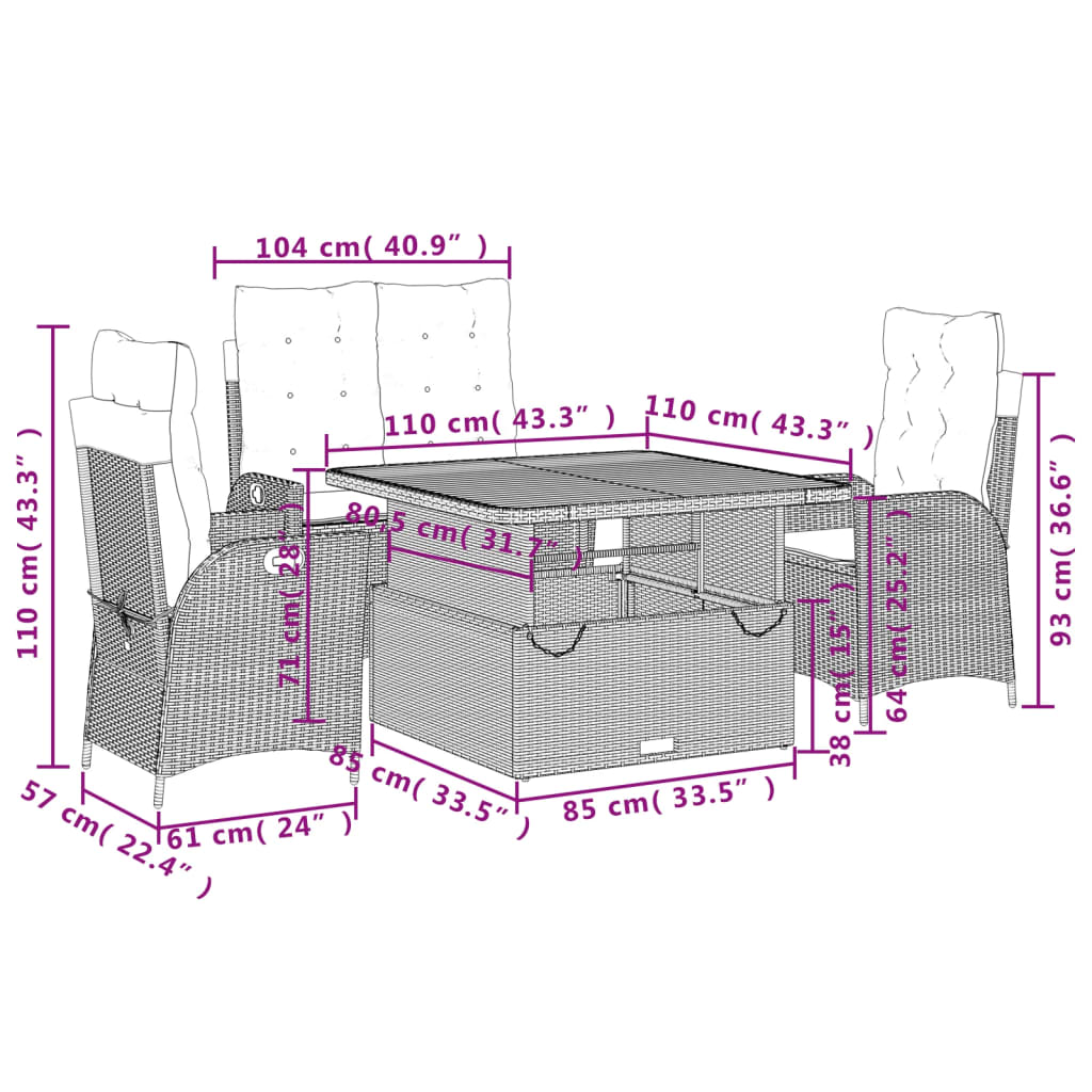 4-tlg. Garten-Essgruppe mit Kissen Schwarz Poly Rattan