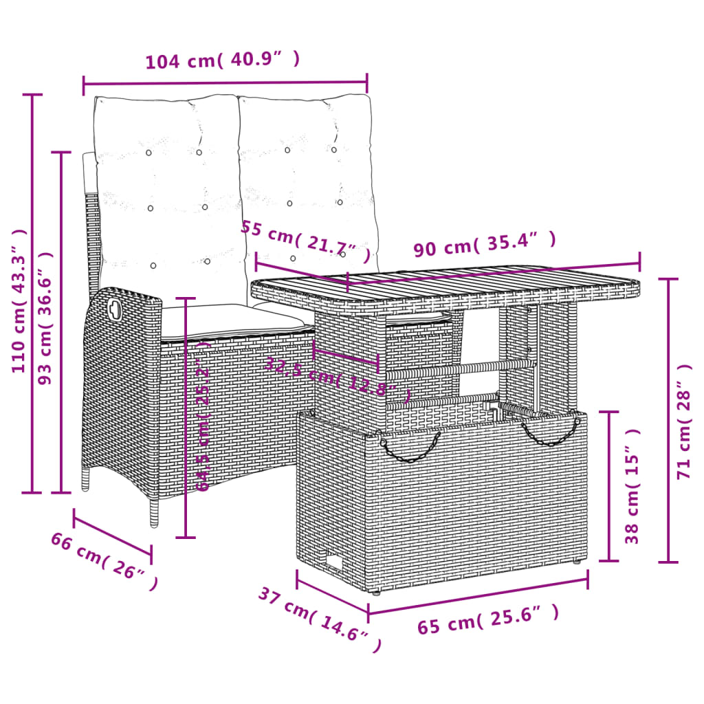 2-tlg. Garten-Essgruppe mit Kissen Schwarz Poly Rattan