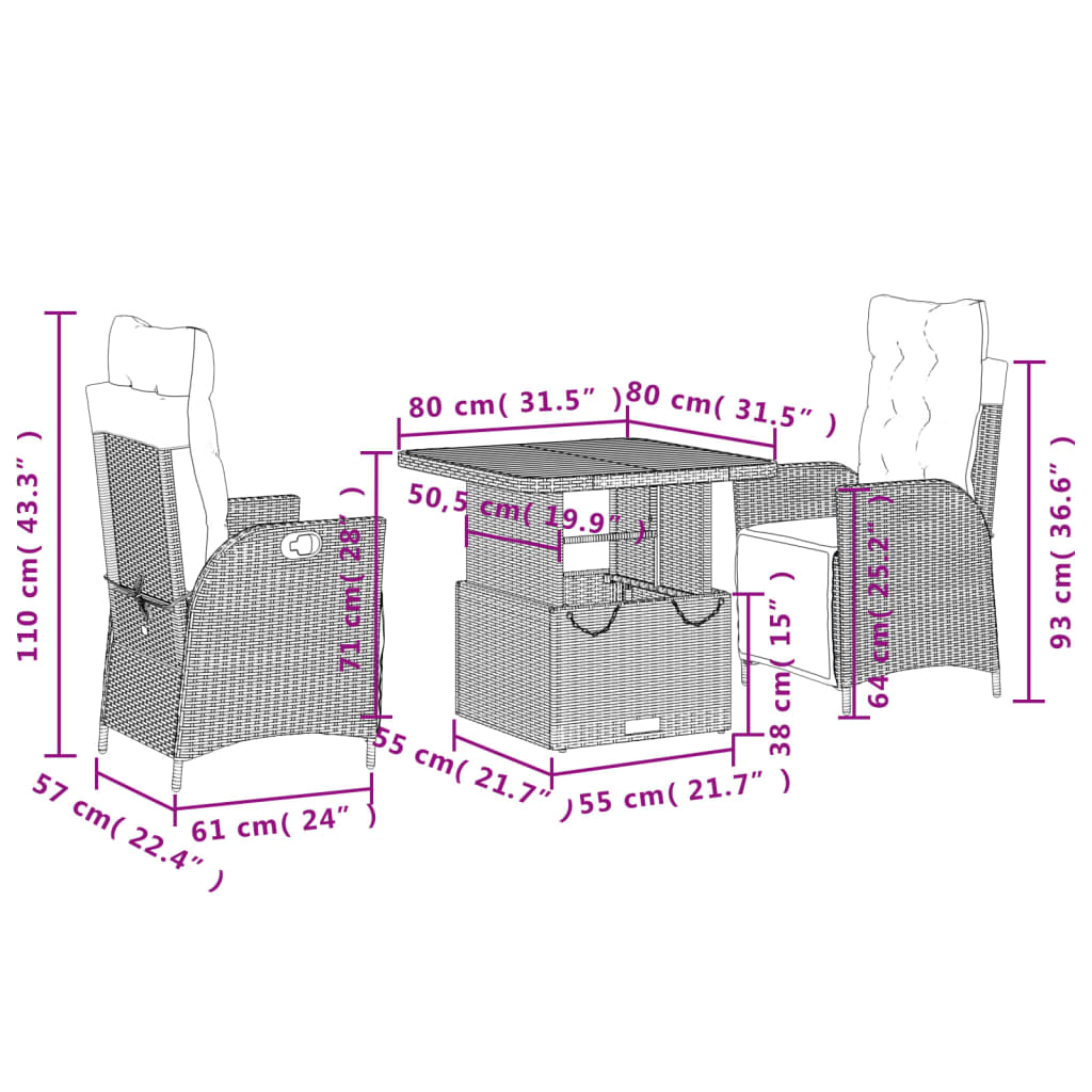 3-tlg. Garten-Essgruppe mit Kissen Grau Poly Rattan