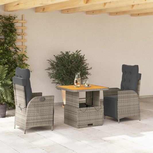 3-tlg. Garten-Essgruppe mit Kissen Grau Poly Rattan