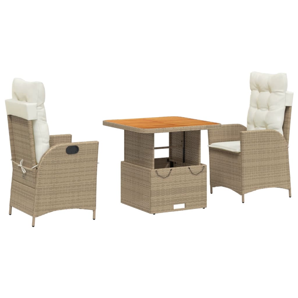 3-tlg. Garten-Essgruppe mit Kissen Beige Poly Rattan