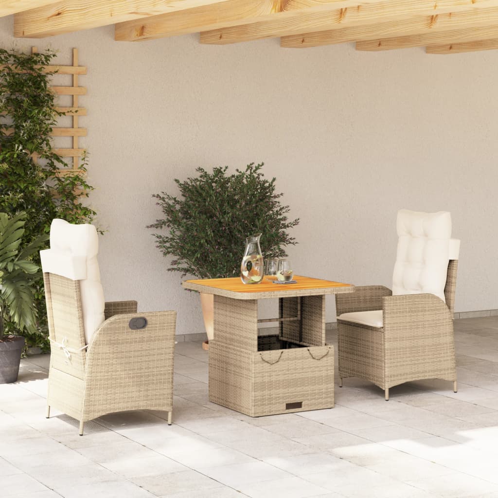 3-tlg. Garten-Essgruppe mit Kissen Beige Poly Rattan