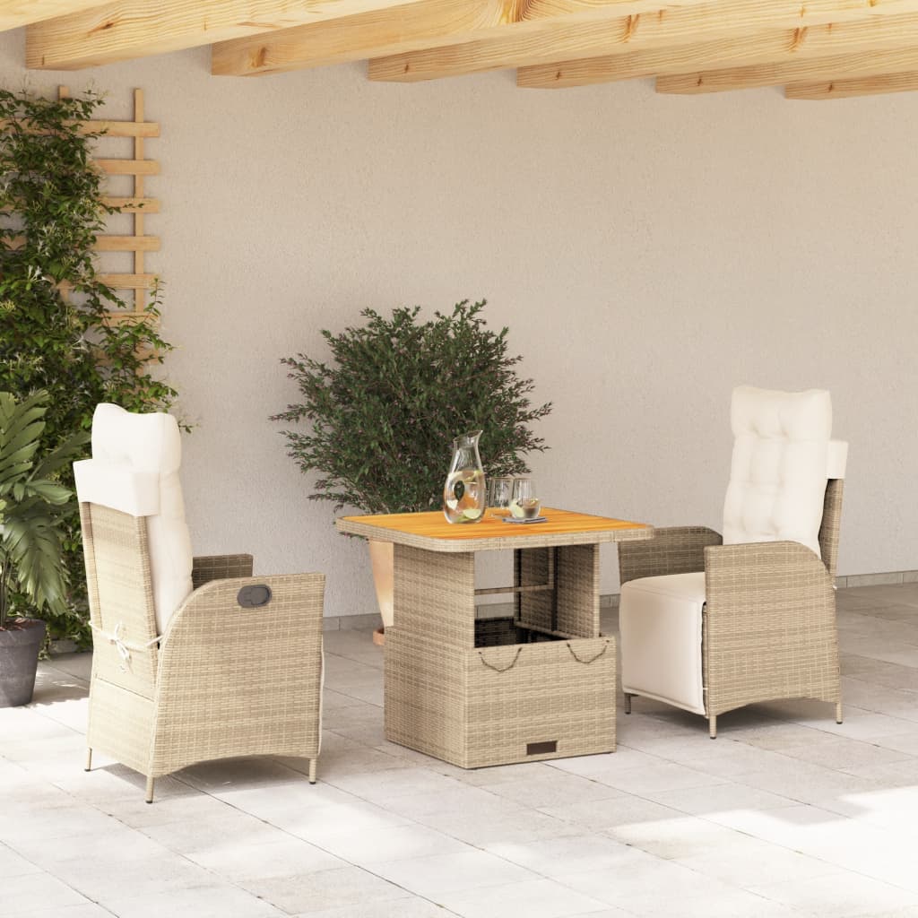 3-tlg. Garten-Essgruppe mit Kissen Beige Poly Rattan