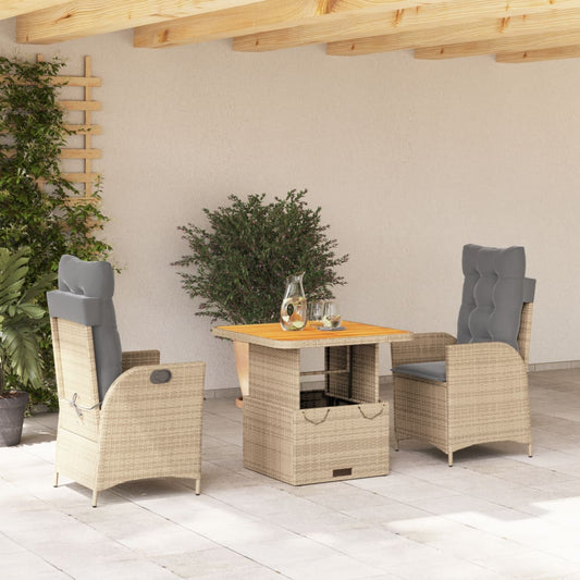 3-tlg. Garten-Essgruppe mit Kissen Beige Poly Rattan