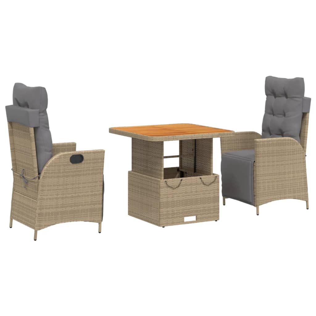 3-tlg. Garten-Essgruppe mit Kissen Beige Poly Rattan