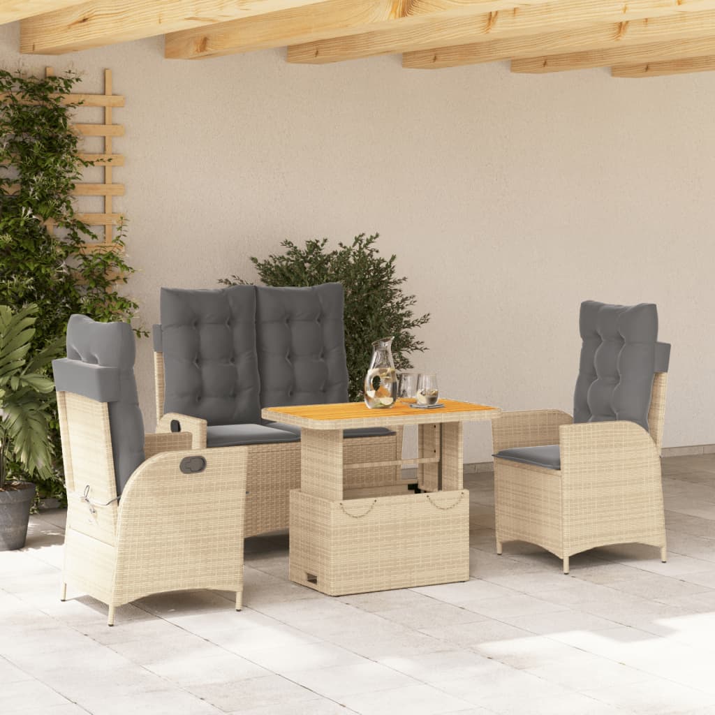 4-tlg. Garten-Essgruppe mit Kissen Beige Poly Rattan