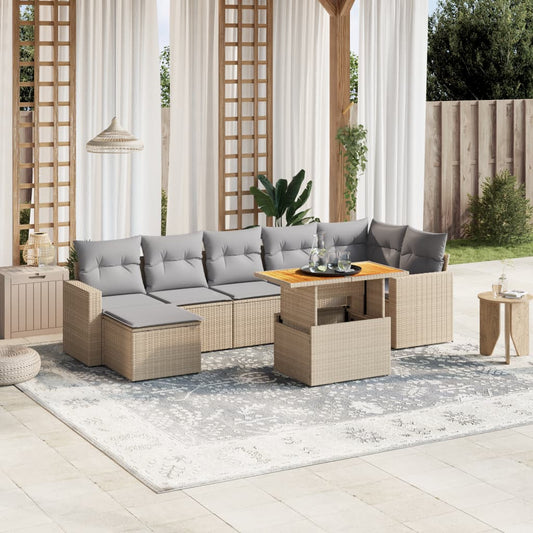 8-tlg. Garten-Sofagarnitur mit Kissen Beige Poly Rattan