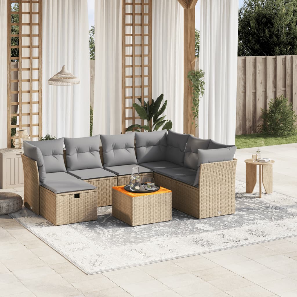 8-tlg. Garten-Sofagarnitur mit Kissen Beige Poly Rattan