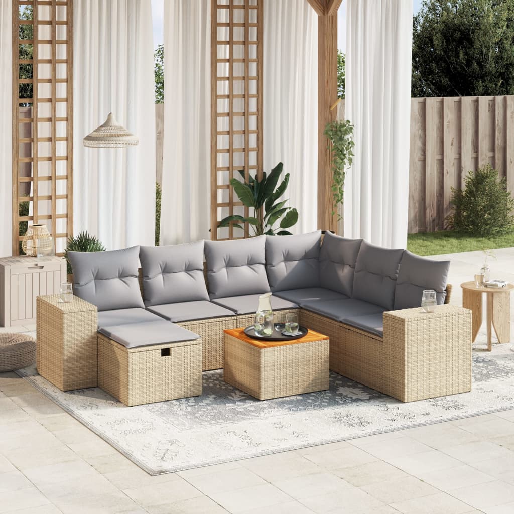 8-tlg. Garten-Sofagarnitur mit Kissen Beige Poly Rattan