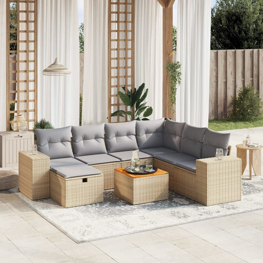 8-tlg. Garten-Sofagarnitur mit Kissen Beige Poly Rattan