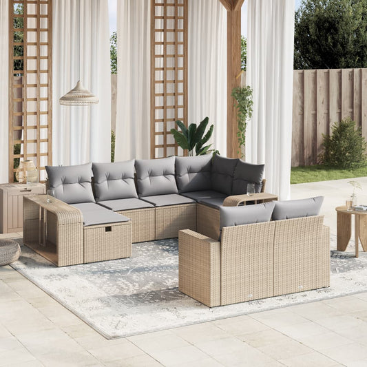 10-tlg. Garten-Sofagarnitur mit Kissen Beige Poly Rattan