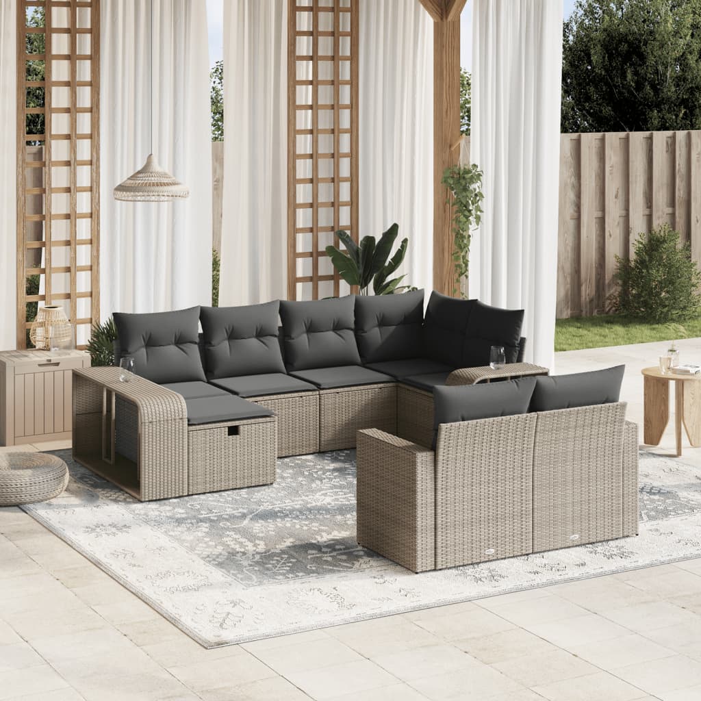 10-tlg. Garten-Sofagarnitur mit Kissen Hellgrau Poly Rattan