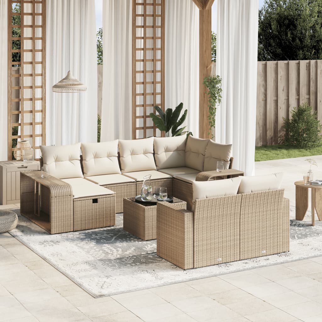 11-tlg. Garten-Sofagarnitur mit Kissen Beige Poly Rattan