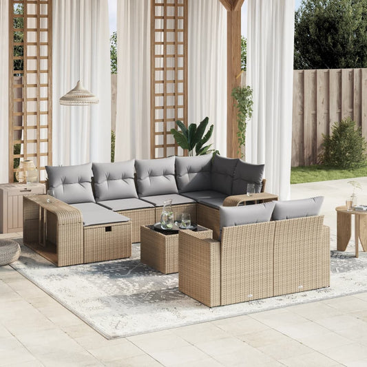 11-tlg. Garten-Sofagarnitur mit Kissen Beige Poly Rattan