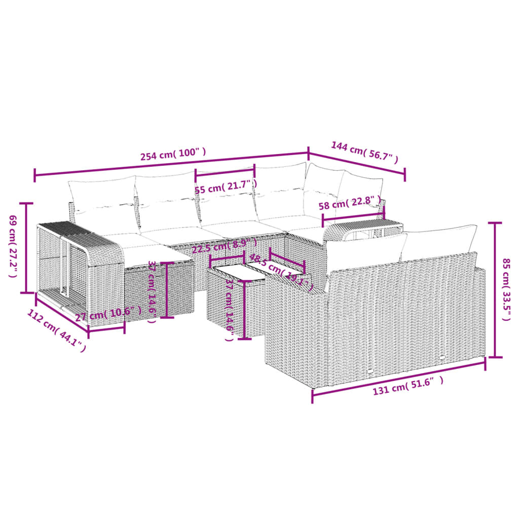 11-tlg. Garten-Sofagarnitur mit Kissen Grau Poly Rattan