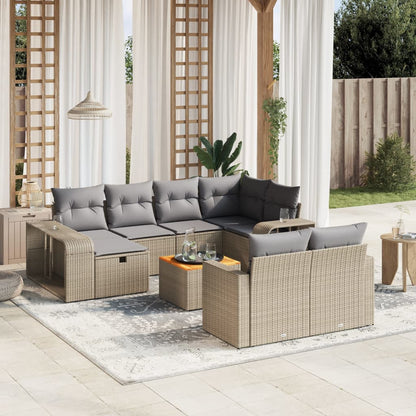 11-tlg. Garten-Sofagarnitur mit Kissen Beige Poly Rattan