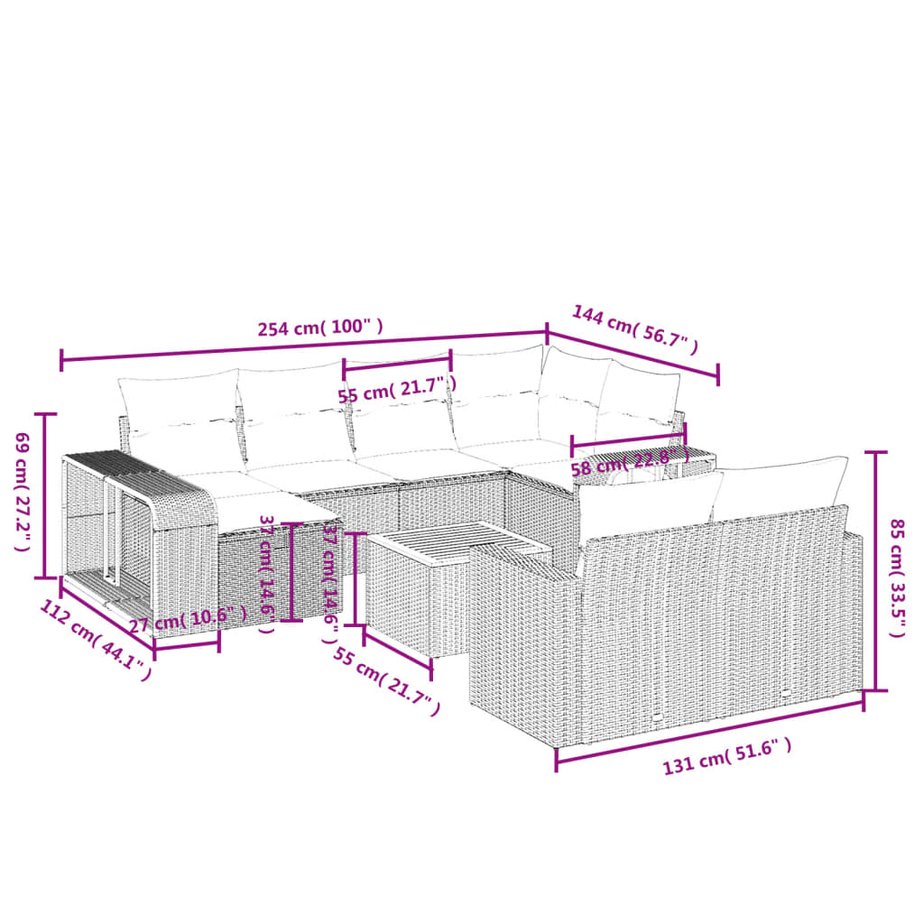 11-tlg. Garten-Sofagarnitur mit Kissen Grau Poly Rattan