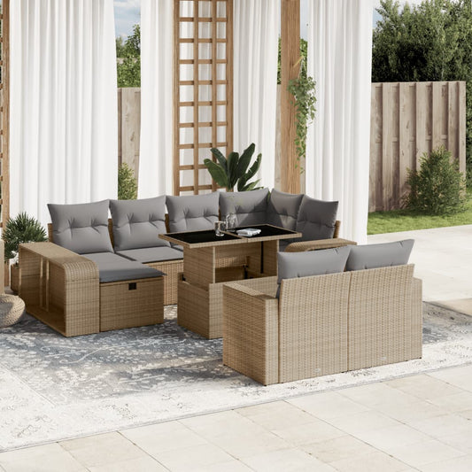 11-tlg. Garten-Sofagarnitur mit Kissen Beige Poly Rattan