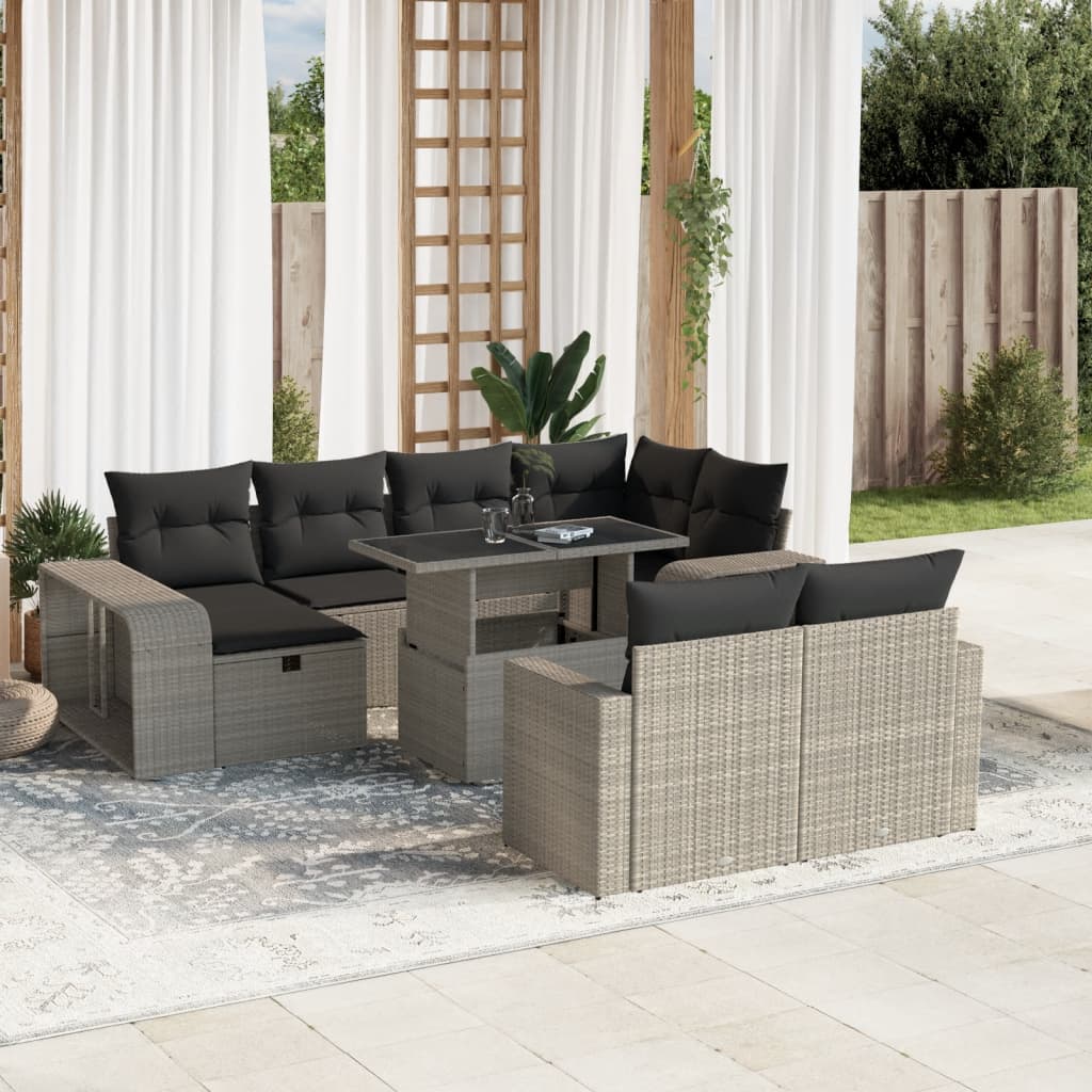 11-tlg. Garten-Sofagarnitur mit Kissen Hellgrau Poly Rattan