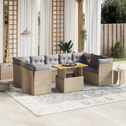 10-tlg. Garten-Sofagarnitur mit Kissen Beige Poly Rattan