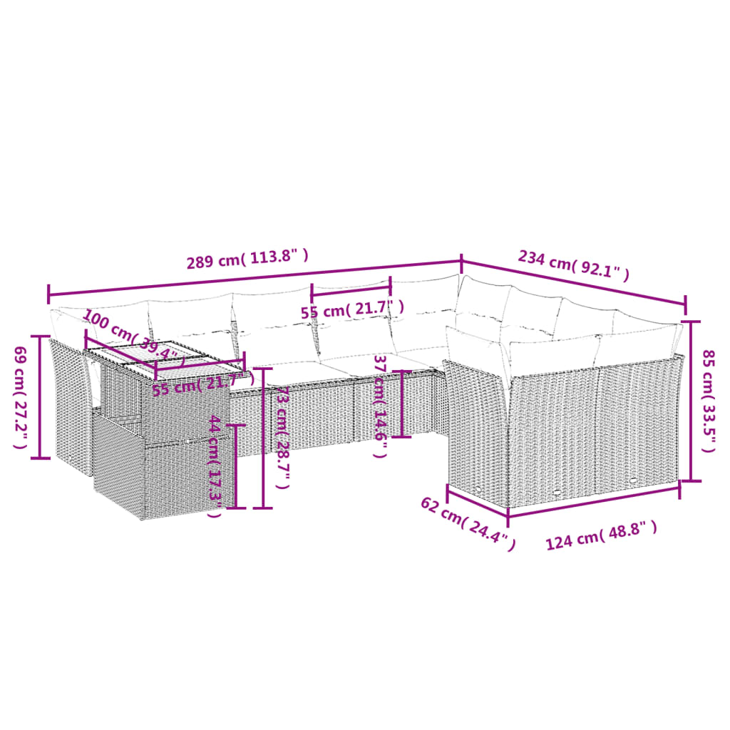 10-tlg. Garten-Sofagarnitur mit Kissen Schwarz Poly Rattan