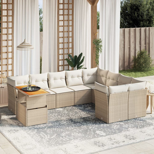 10-tlg. Garten-Sofagarnitur mit Kissen Beige Poly Rattan