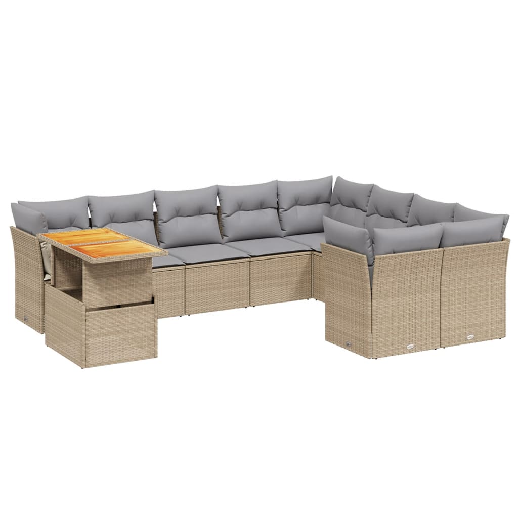 10-tlg. Garten-Sofagarnitur mit Kissen Beige Poly Rattan