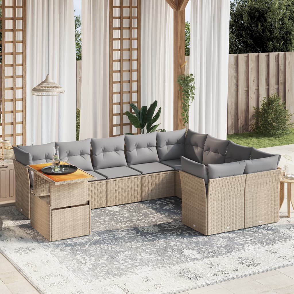 10-tlg. Garten-Sofagarnitur mit Kissen Beige Poly Rattan