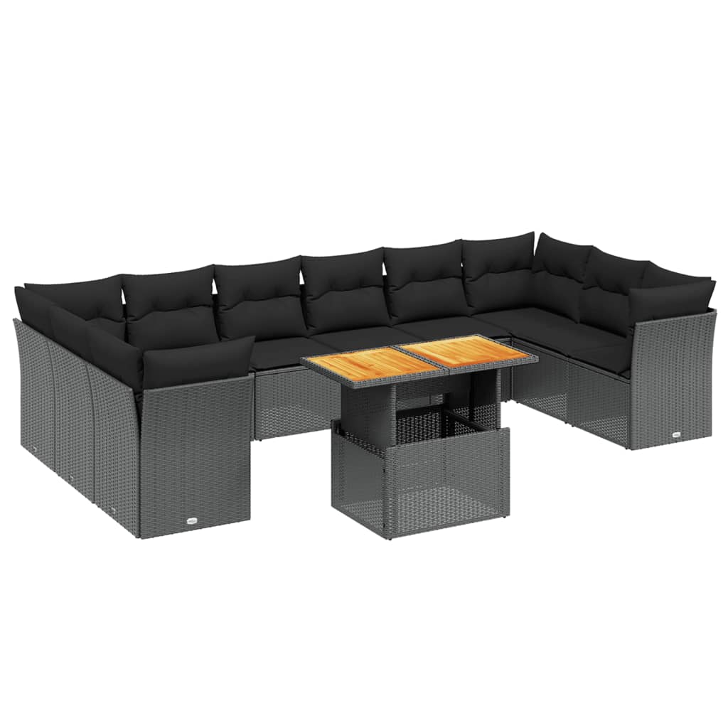 11-tlg. Garten-Sofagarnitur mit Kissen Schwarz Poly Rattan