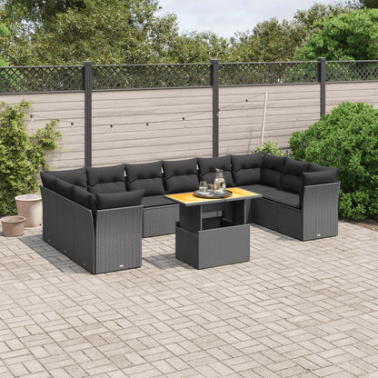 11-tlg. Garten-Sofagarnitur mit Kissen Schwarz Poly Rattan