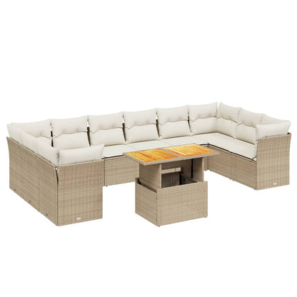 11-tlg. Garten-Sofagarnitur mit Kissen Beige Poly Rattan