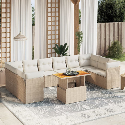 11-tlg. Garten-Sofagarnitur mit Kissen Beige Poly Rattan