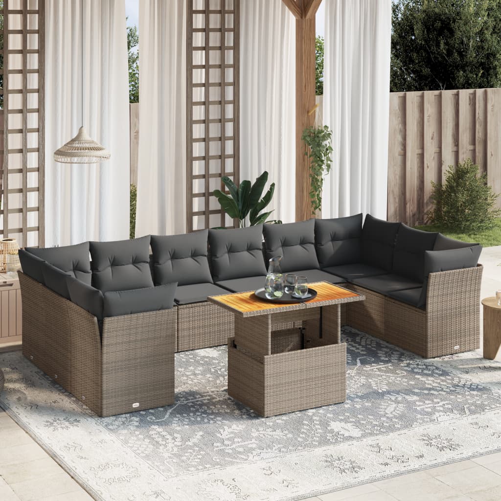 11-tlg. Garten-Sofagarnitur mit Kissen Grau Poly Rattan