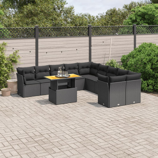 11-tlg. Garten-Sofagarnitur mit Kissen Schwarz Poly Rattan