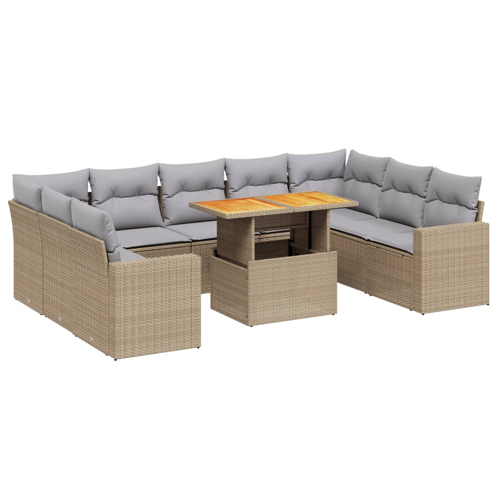 10-tlg. Garten-Sofagarnitur mit Kissen Beige Poly Rattan