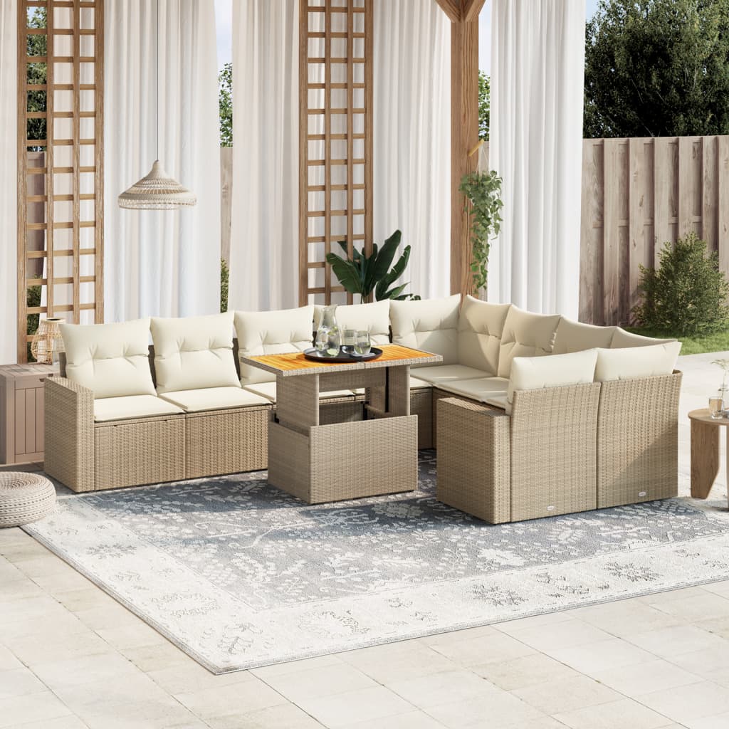 10-tlg. Garten-Sofagarnitur mit Kissen Beige Poly Rattan