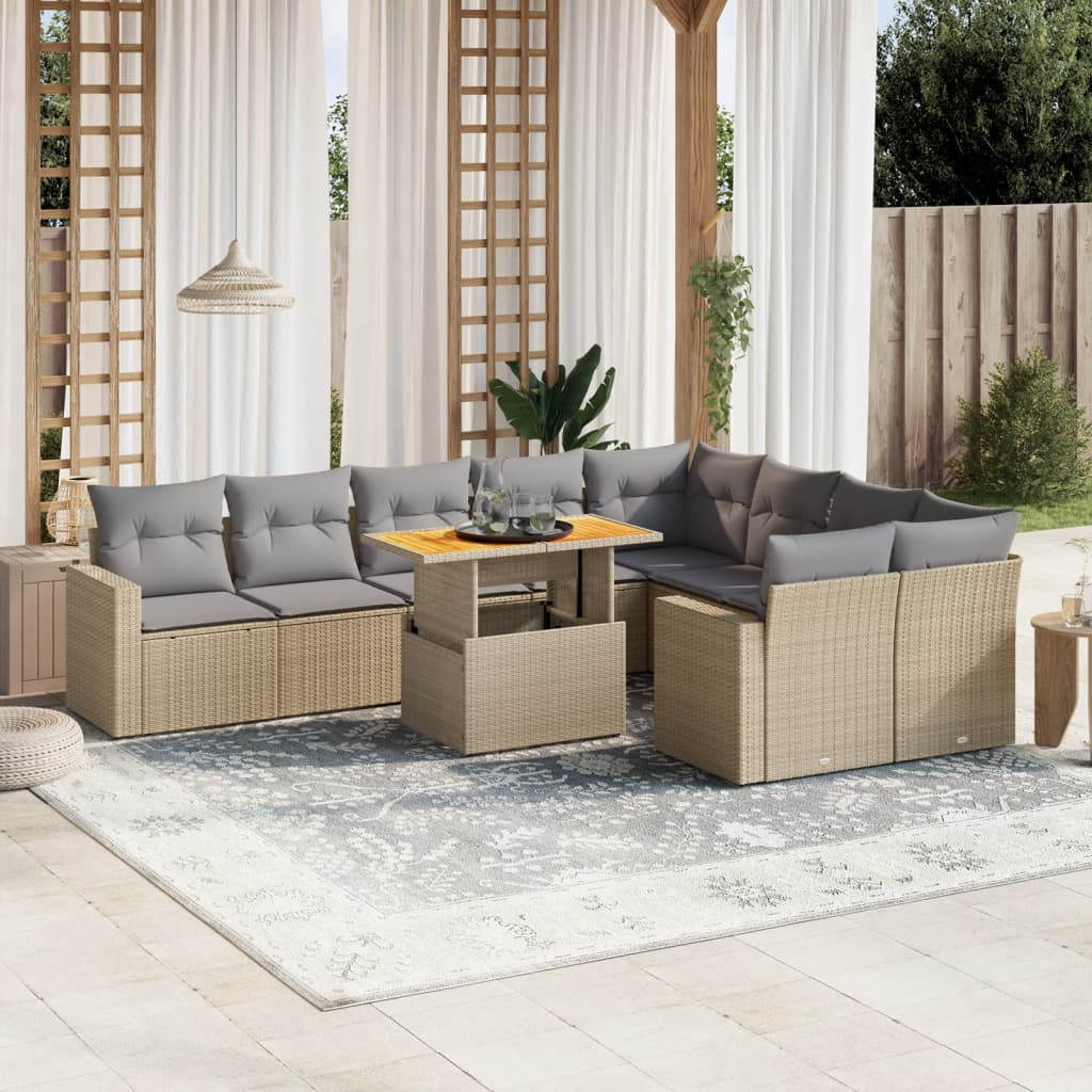 10-tlg. Garten-Sofagarnitur mit Kissen Beige Poly Rattan