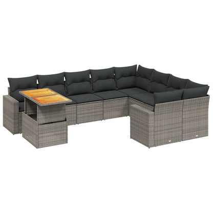 10-tlg. Garten-Sofagarnitur mit Kissen Grau Poly Rattan