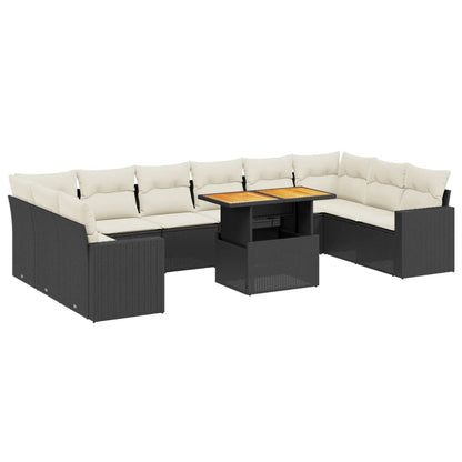 11-tlg. Garten-Sofagarnitur mit Kissen Schwarz Poly Rattan